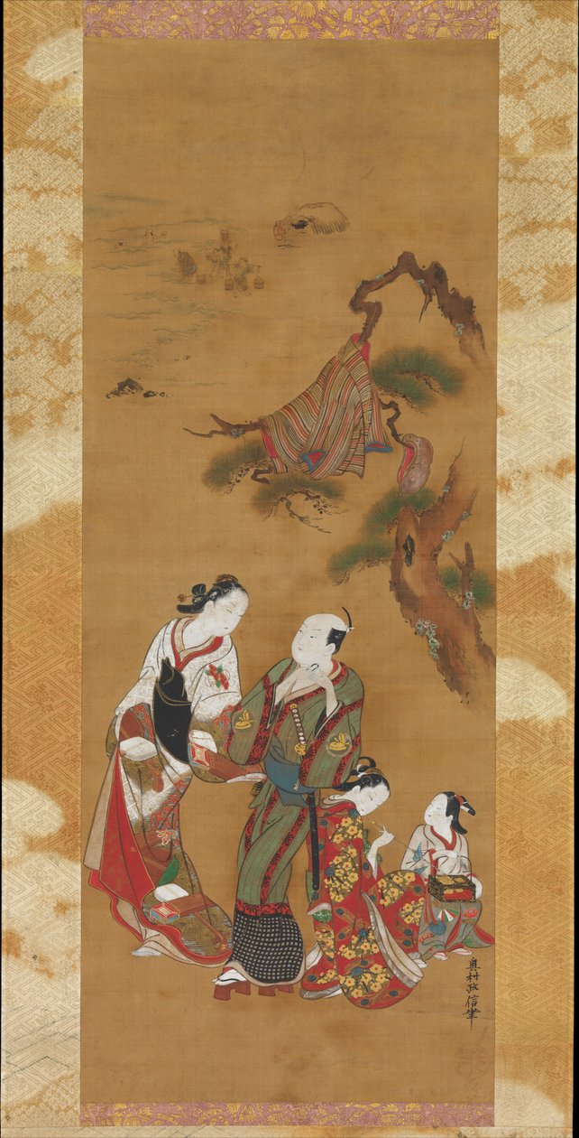 Yukihira und zwei Bräutjungfern in Suma av Okumura Masanobu