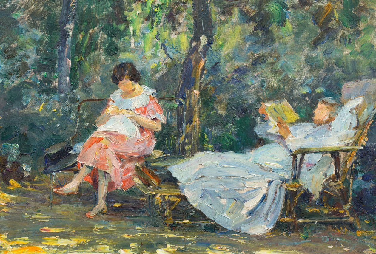 Läsning och stickning i trädgården (olja på panel) av Olga (1881 1941) Slomszynska