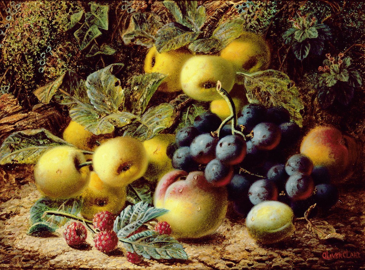 Stilleben med äpplen, plommon, vindruvor och hallon av Oliver Clare