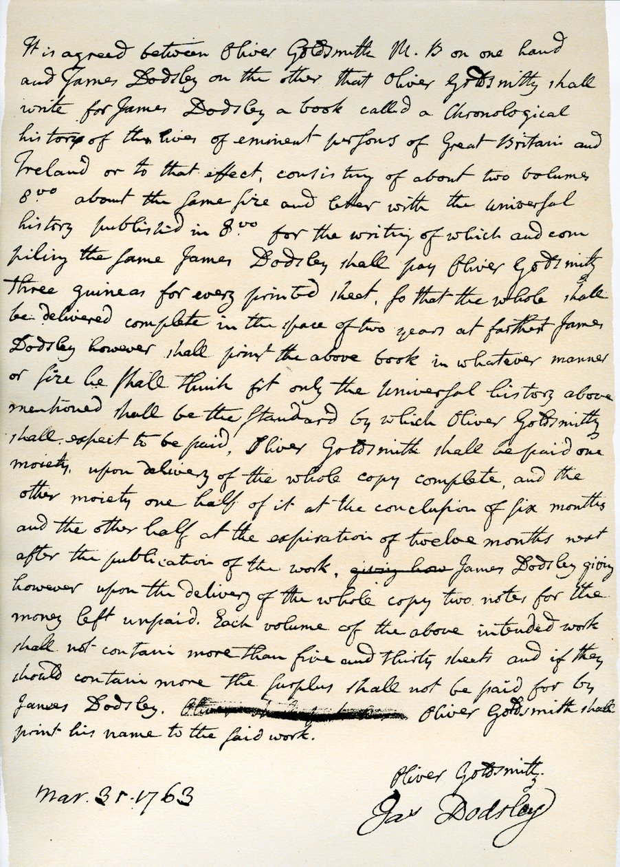 Avtal av Oliver Goldsmith att skriva för James Dodsley, 31 mars 1763. av Oliver Goldsmith
