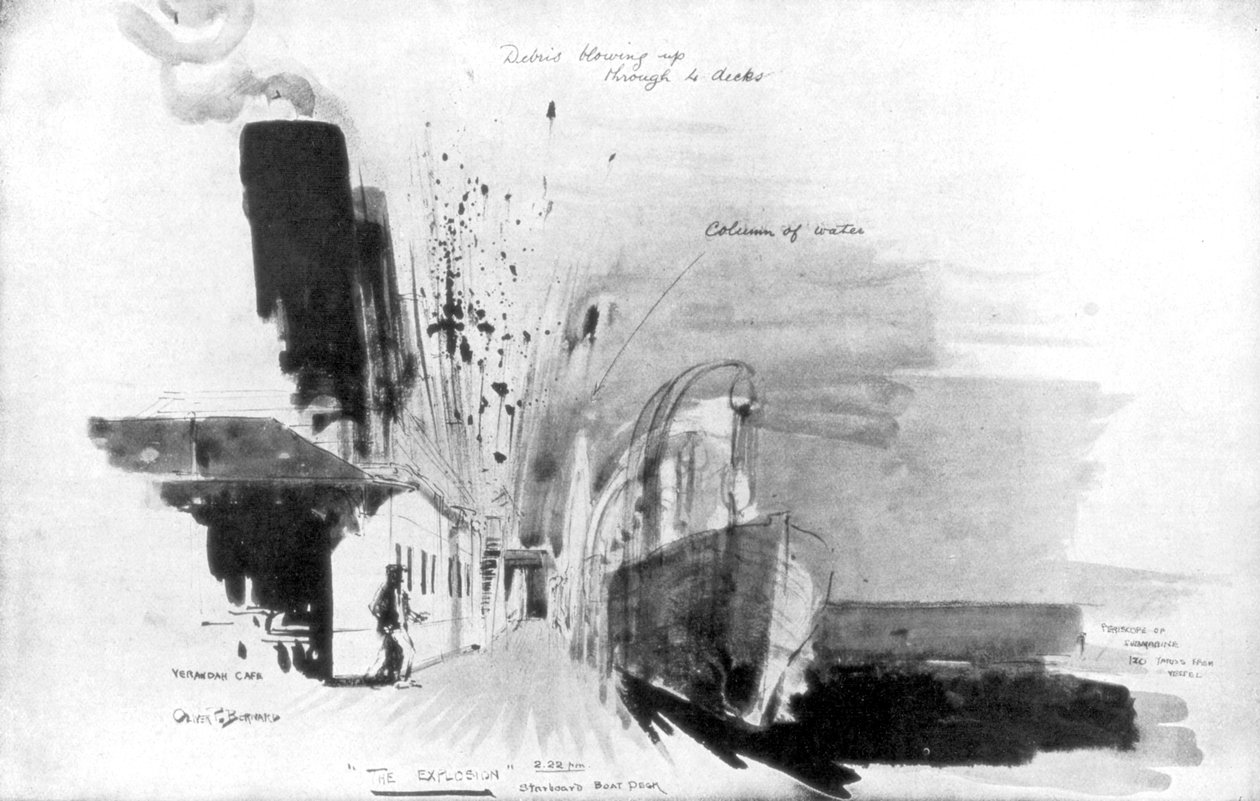 I samma ögonblick som en torped från den tyska ubåten U-20 träffade RMS Lusitania, 7 maj 1915, 1926 av Oliver Percy Bernard