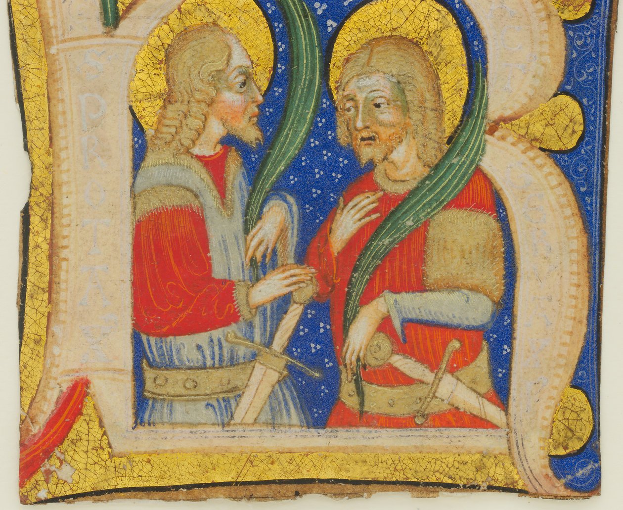 Manuskriptskärning av blad som visar en upplyst initial R med St. Protasius och St. Gervasius, mitten av 15 av Olivetan Master