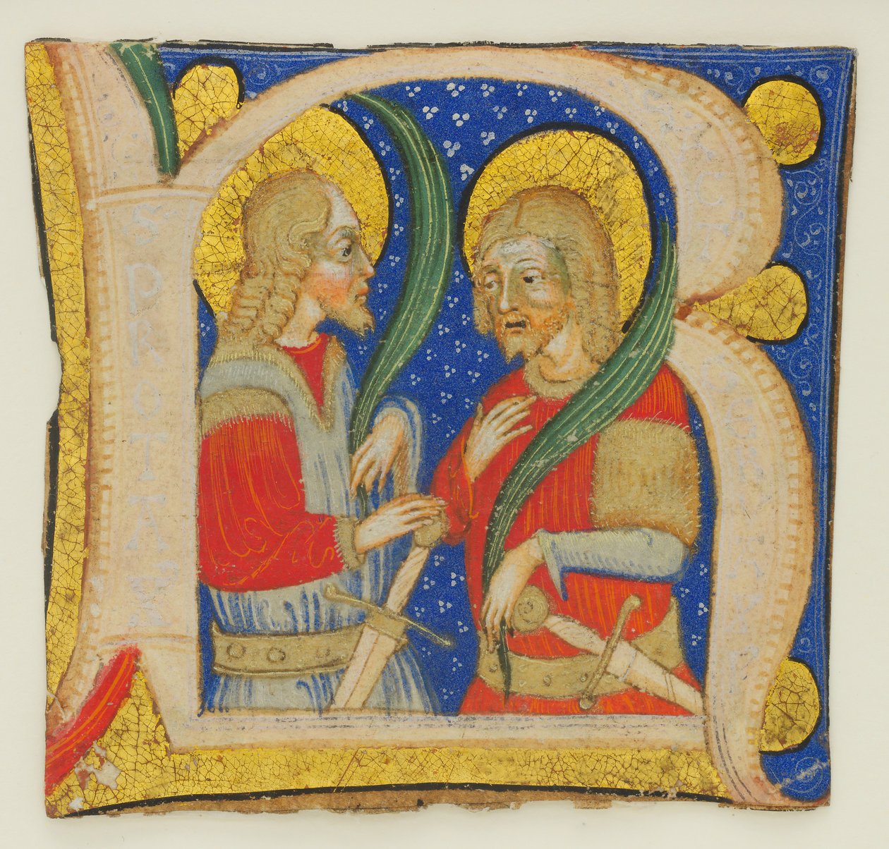 Manuskriptskärning av blad som visar en upplyst initial R med St. Protasius..., mitten av 1400-talet. av Olivetan Master