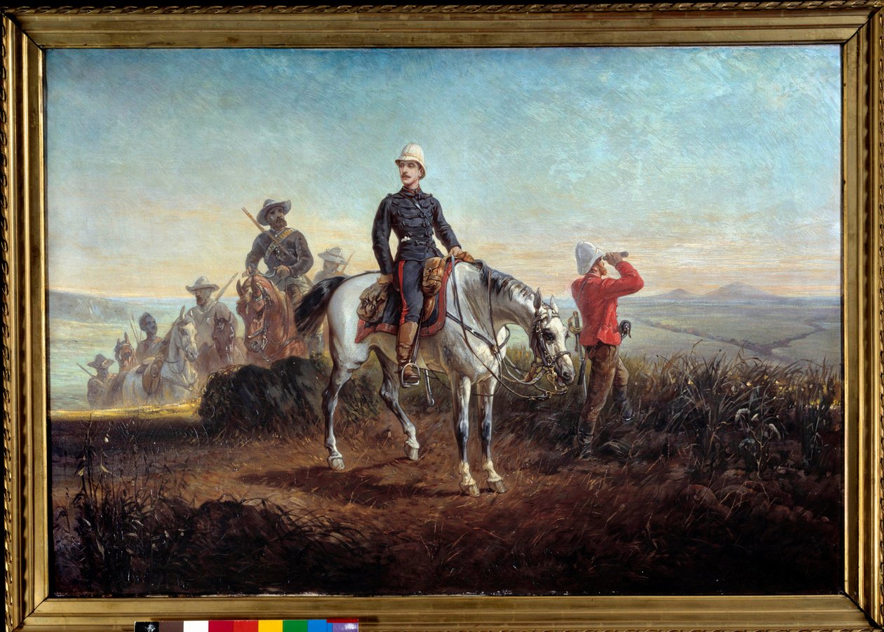 Kolonialkampanj i Sydafrika: ”” Kejsarprins Eugene Louis Napoleon Bonaparte (1856-1879) i Zoulouland”” Målning av Olivier Pichat (1825-1912), 87 x 128 cm. 1800-talet. Compiegne musee du chateau - kolonialkampanj i Sydafrika: "" Prins I av Olivier Pichat