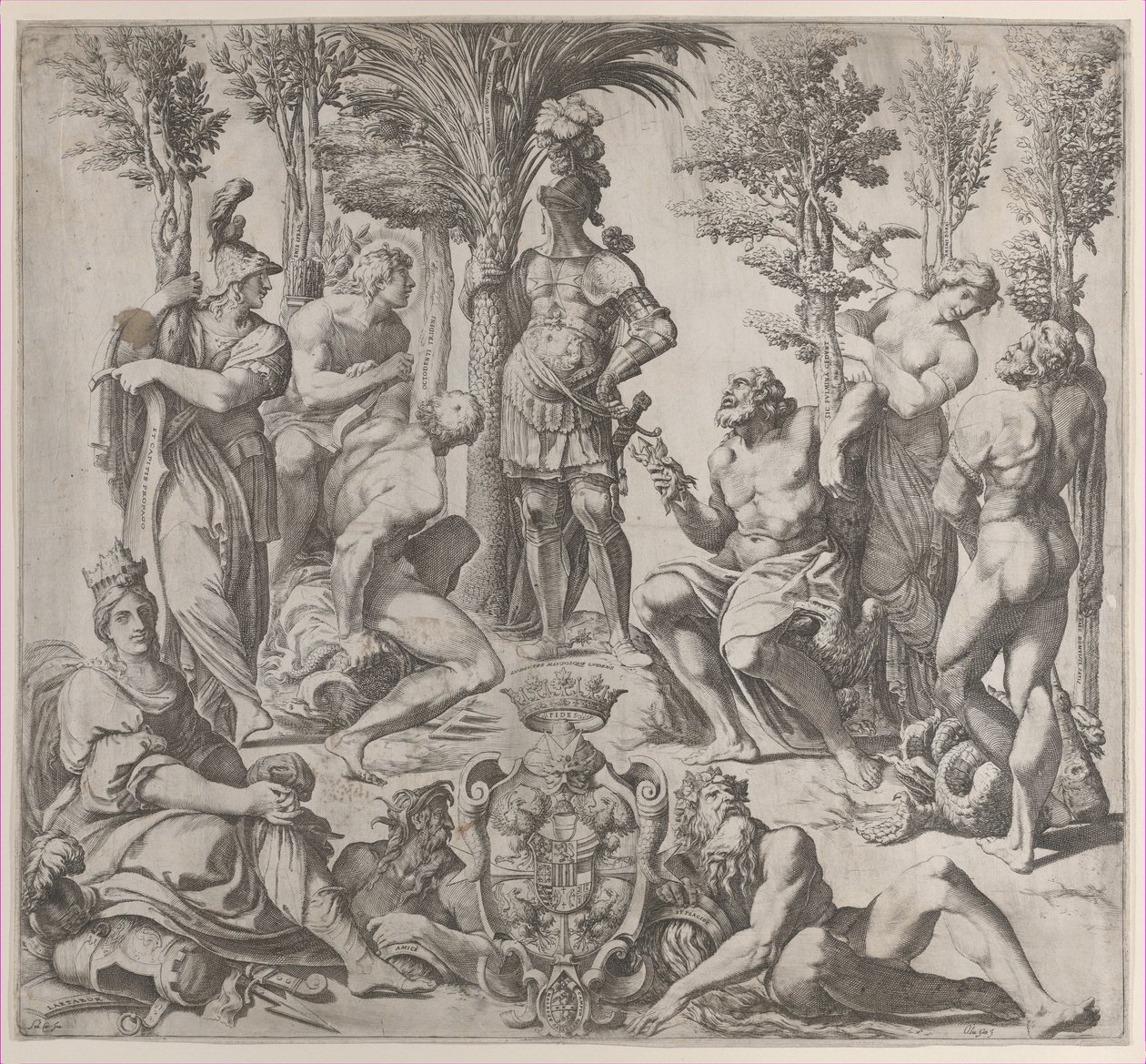 Allegorisk komposition med sex olympiska gudar samlade kring en gestalt i rustning, 1615-35., 1615-35. av Oliviero Gatti