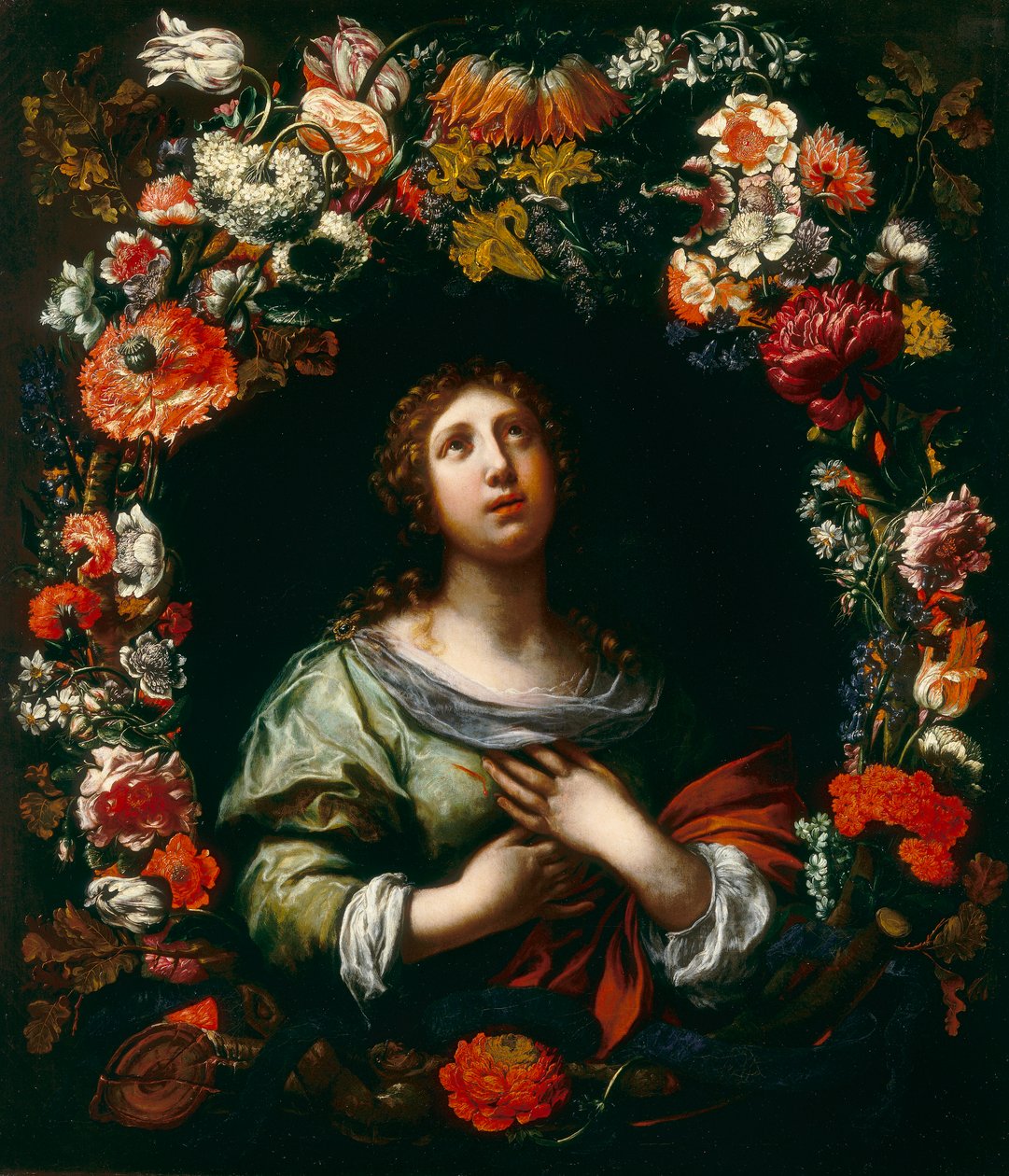 Den heliga Agatha som kommer fram ur en blomsterkrans av Onorio and Scacciati Marinari