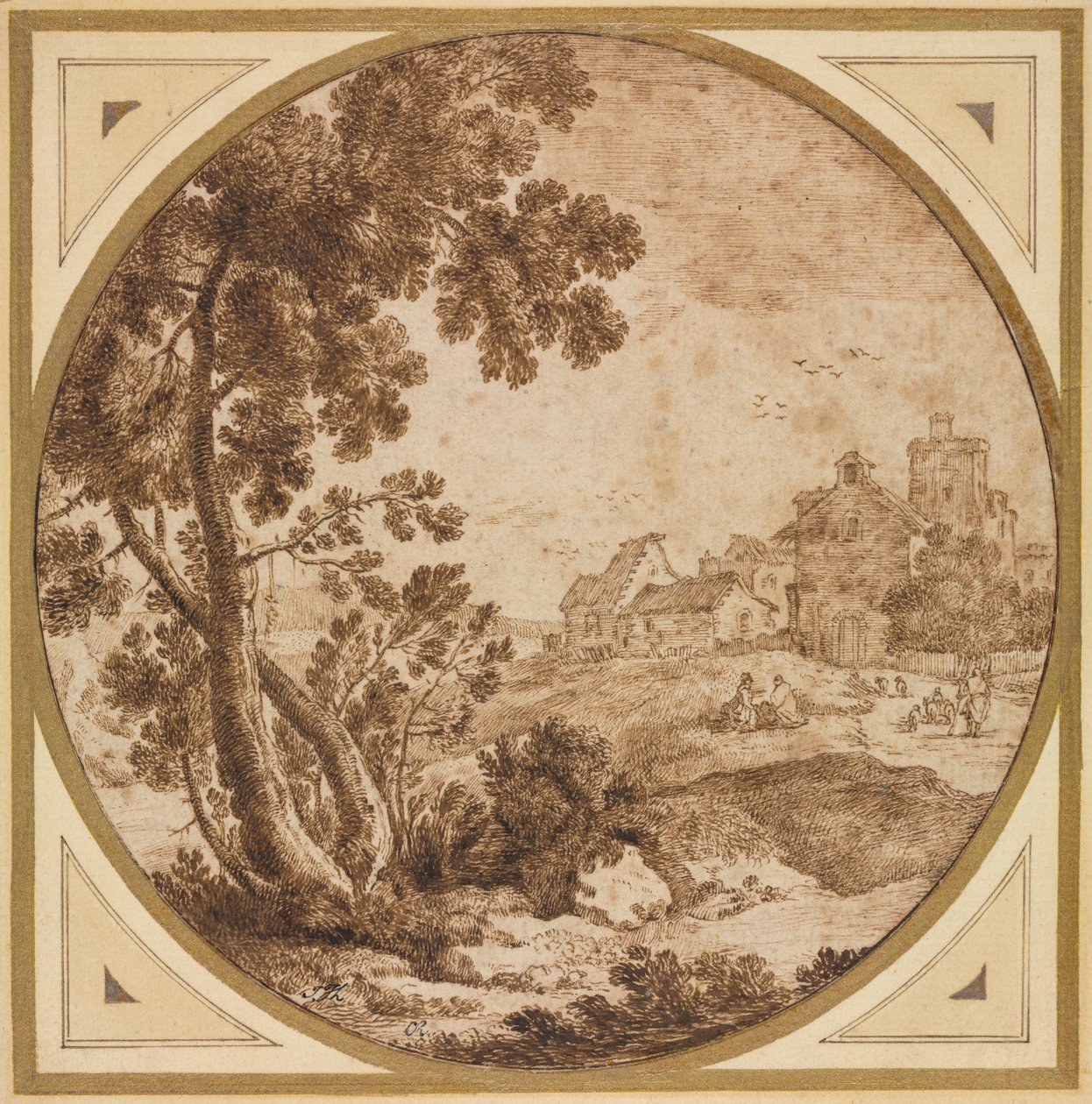 Landskap med byggnader och figurer, andra hälften av 1600-talet. av Onorio Marinari