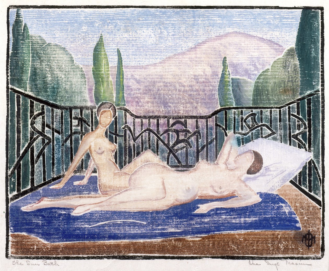 The Sun Bath (trätryck i färg) av Ora Inge Maxim