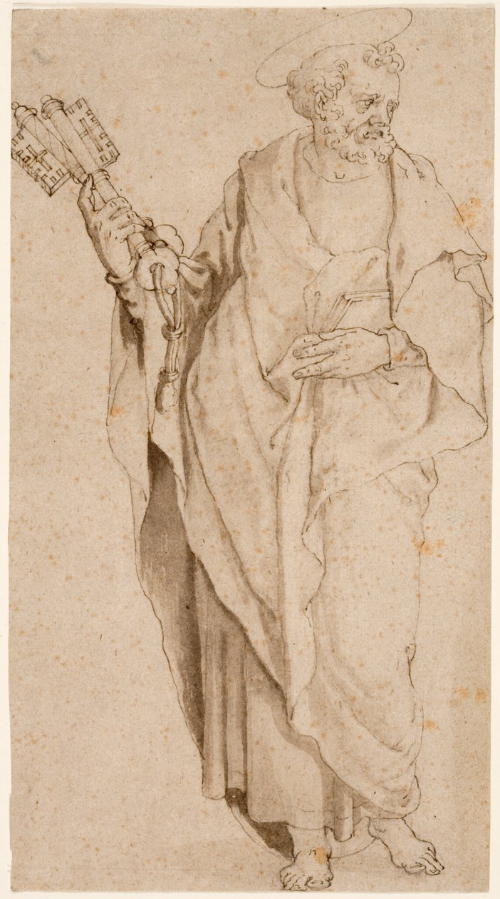 St. Peter, ca 1575 (penna & brunt bläck och tvätta med krita på papper) av Orazio Samacchini