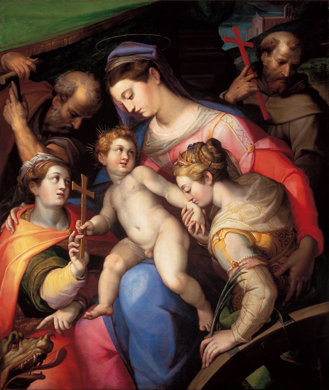 The Holy Family, with St Catherine of Alexandria, St Margaret of Antioch and St Francis of Assisi av Orazio Samacchini