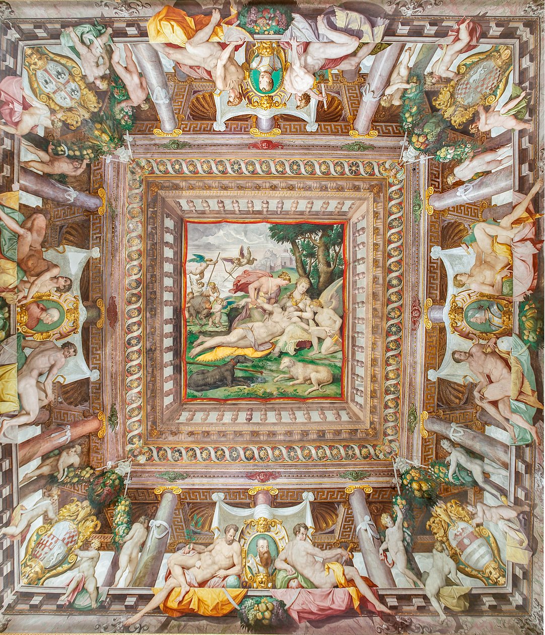 Utsikt över taket i Adonis-rummet och minnesstenarna för familjemedlemmarna Rossi, Gonzaga, Riario och Medici, Rocca dei Rossi, San Secondo, Parma, Italien av Orazio (attr.to) Samacchini