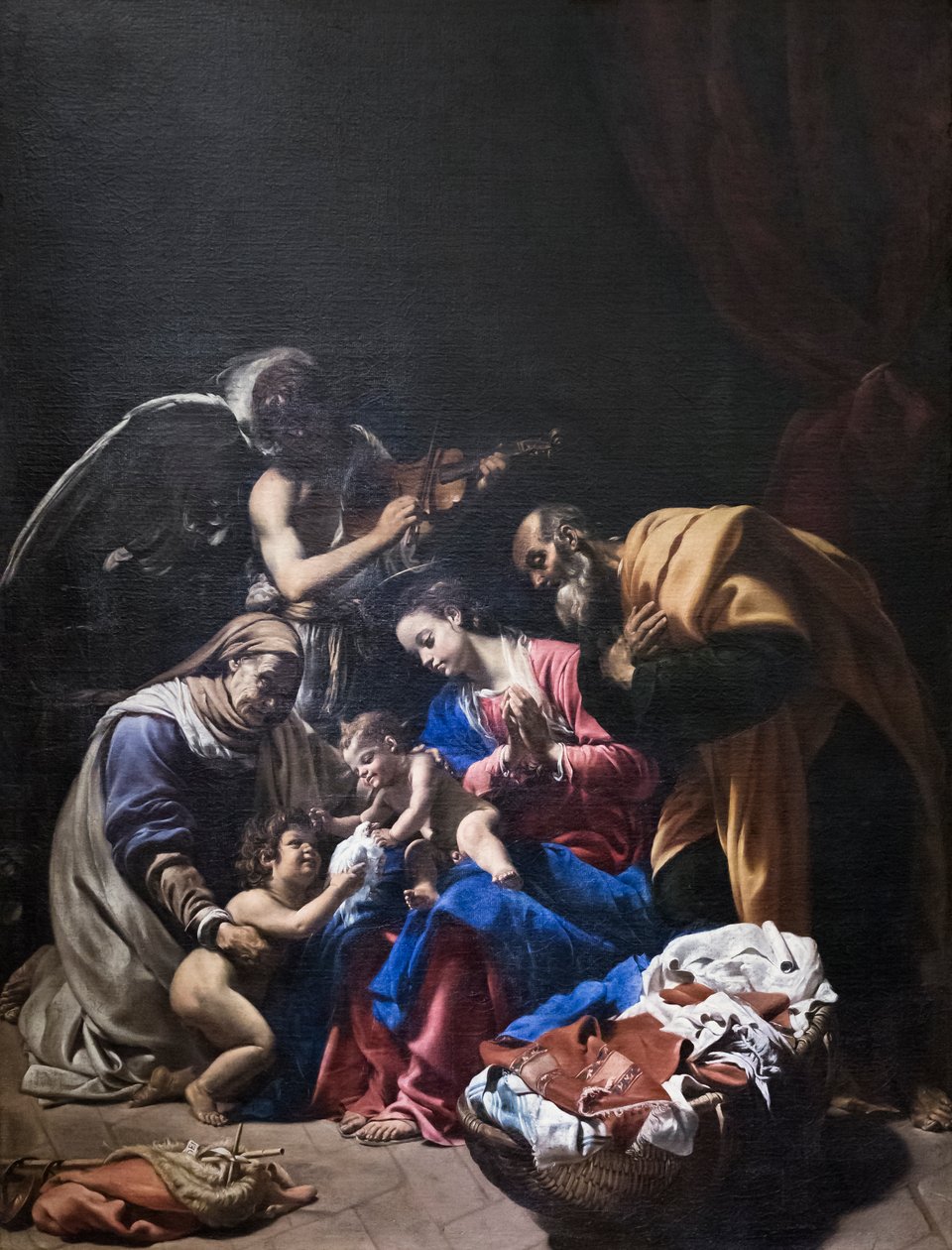 Helig familj med helgon Elisabet, helgon Johannes döparen och en ängel av Orazio Borgianni