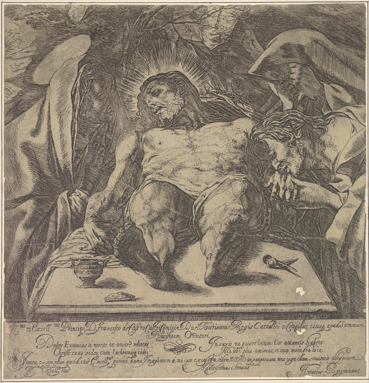 Klagoång över Kristi kropp av de tre Mariana, en burk med salva på bordet till ..., 1615. av Orazio Borgianni