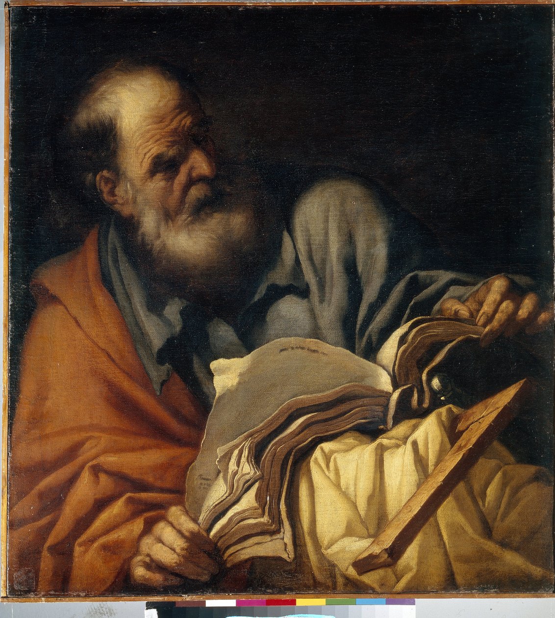 Sankt Thomas, apostel. (Aposteln Sankt Thomas). Målning av Orazio Borgianni (1578-1616), olja på duk, italiensk konst (Rom) av Orazio Borgianni
