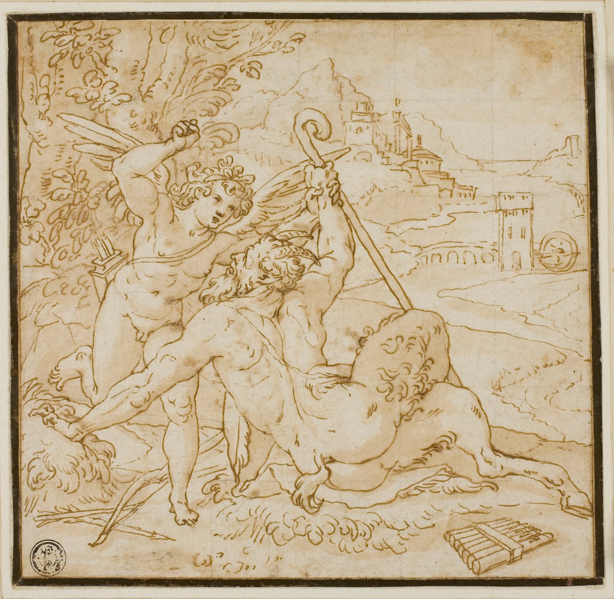 Cupid som övervinner Pan av Orazio Samacchini