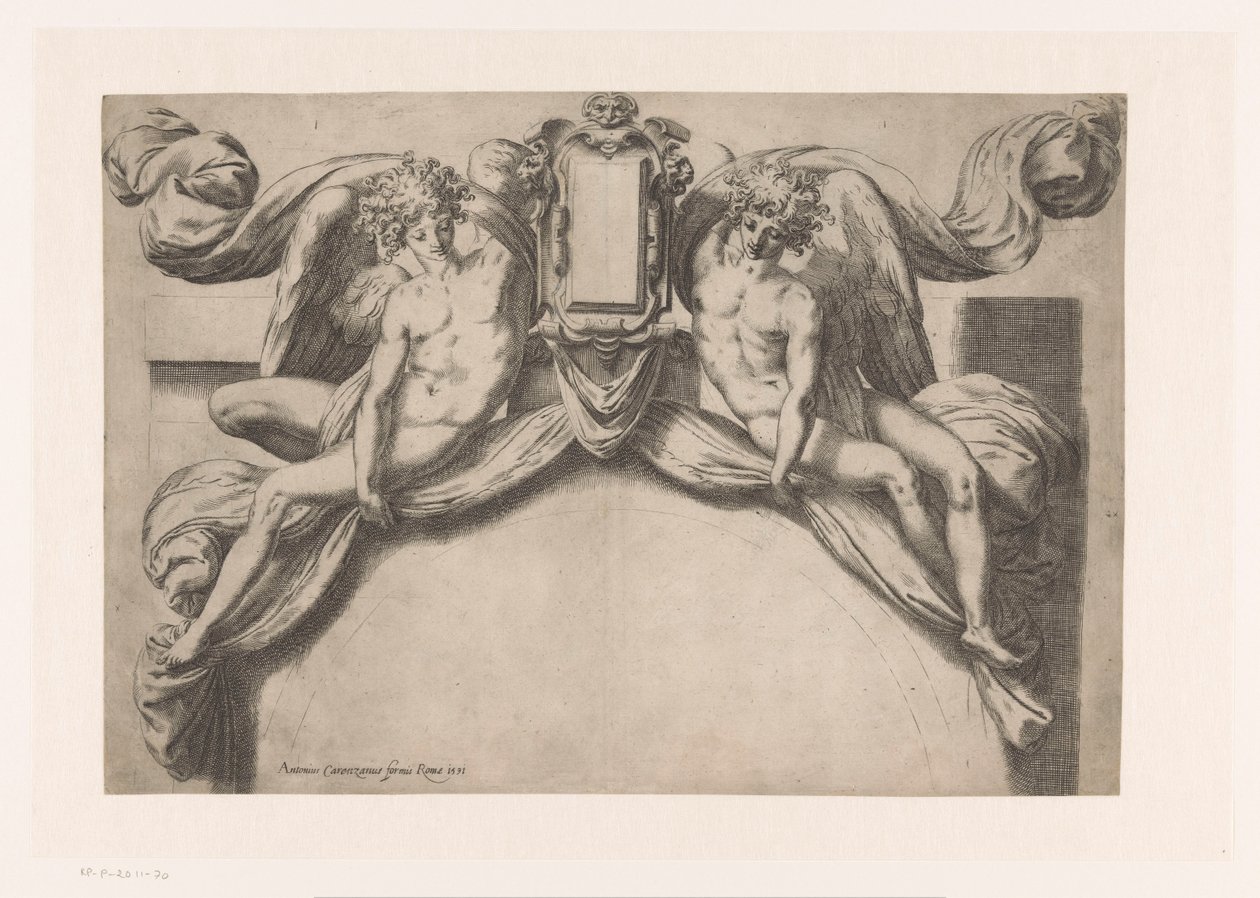 Design för en dörrkarm med två genii som håller upp kartusch av Orazio de Santis (attributed to)