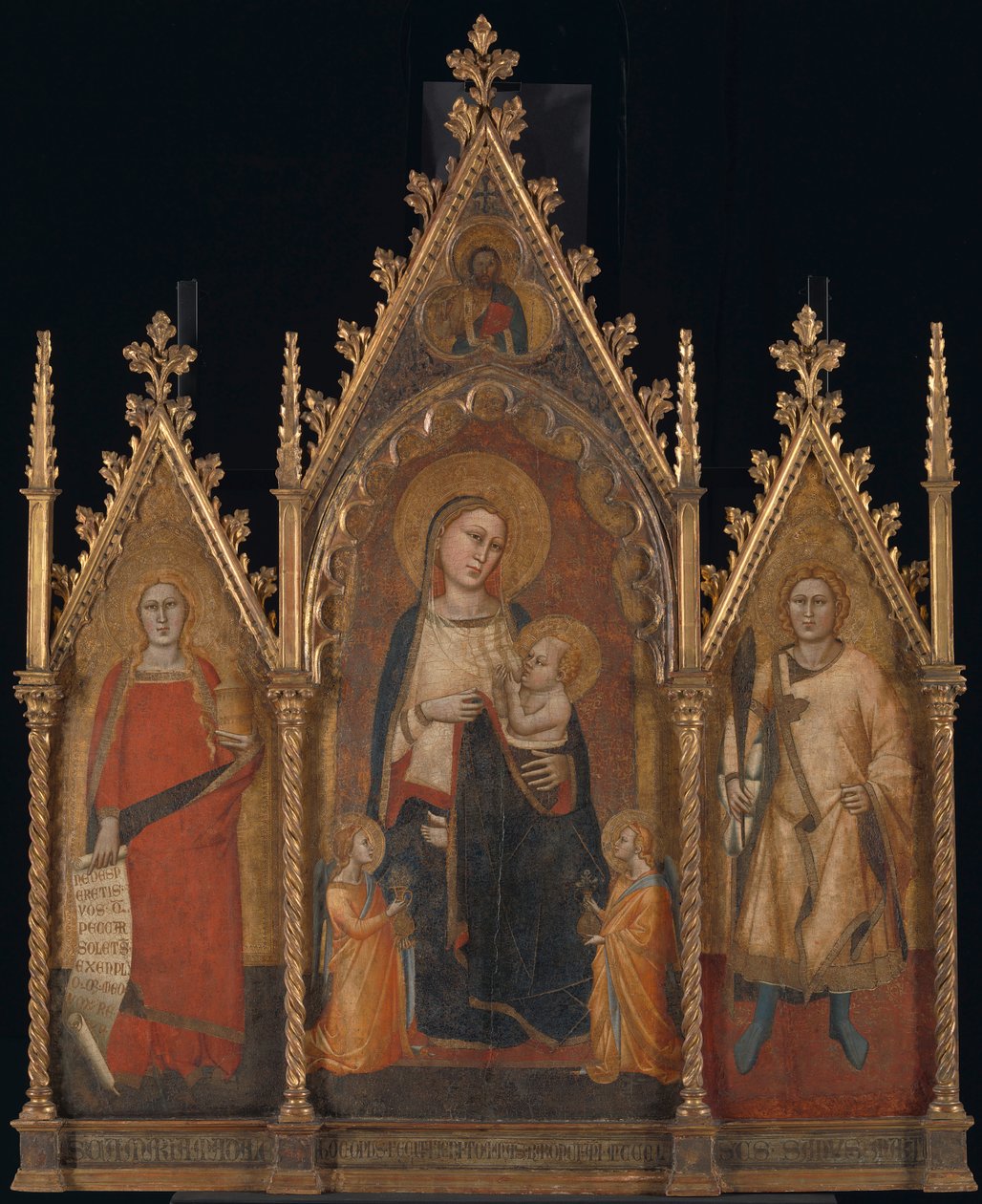 Drieluik met Maria en kind en de heiligen Maria Magdalena en Ansanus av Orcagna