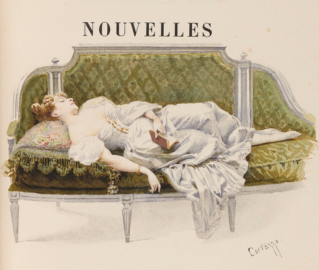 Halvtitel för Nouvelles av Alfred de Musset, 1887. av Oreste Cortazzo