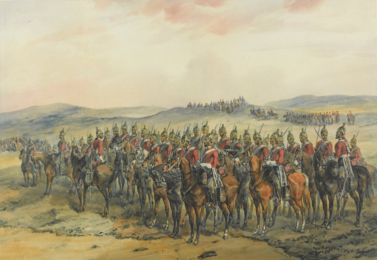 4th & 5th Dragon Guards, Line of Heavy Dragoons före laddningen vid Balaclava (penna & bläck och akvarell på papper) av Orlando Norie