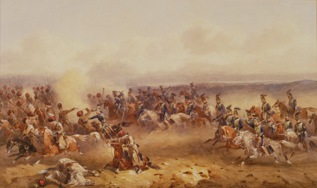 En skvadron av de 10:e husarerna besegrar ryssarna vid Tchernaya, 16 augusti 1855, ca 1890 av Orlando Norie
