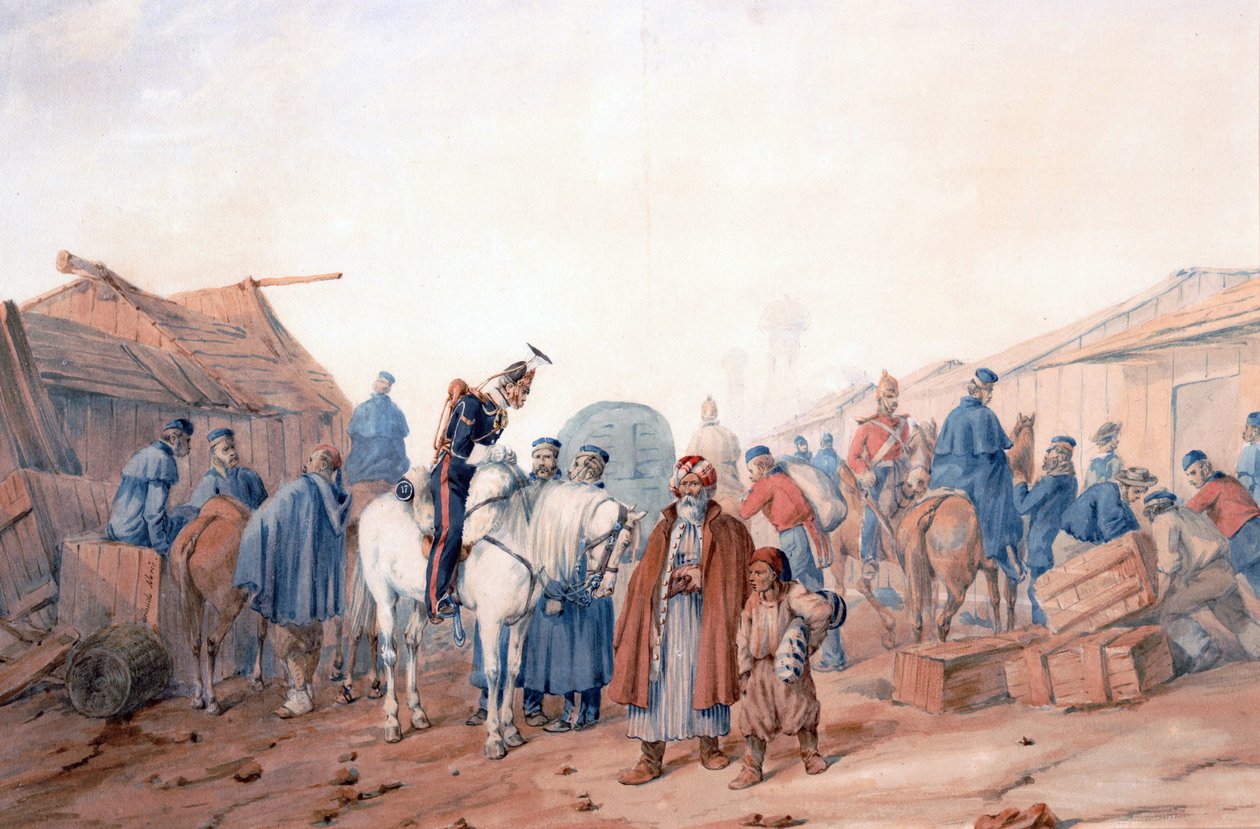 Försörjningsbas för den brittiska armén vid hamnen Balaclava (Balaklava) - Norie, Orlando (1832-1901) - 1854 - Akvarell på papper - 36,3x52,6 - Privat samling av Orlando Norie