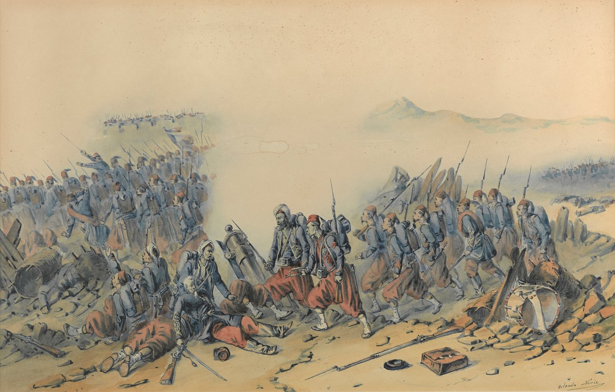Zouaves med bajonetter (Krim) (akvarell på papper) av Orlando Norie