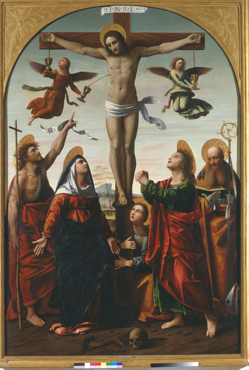 Korsfästelse med jungfrun och Johannes Döparen, Maria Magdalena, Johannes evangelisten och Augustinus av Ortolano