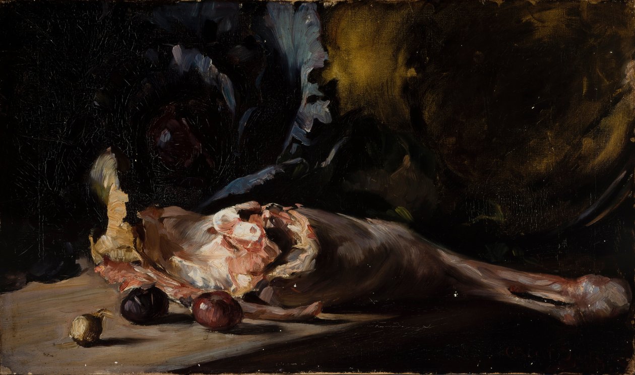 Still life with a leg of lamb and cabbage av Oscar Gustaf Bjorck