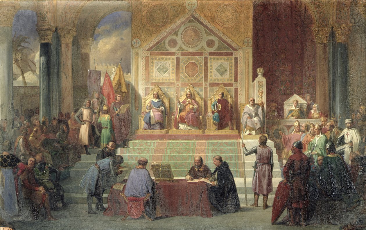 Den helige Ludvig (1214-70), Frankrikes kung, tar emot Robert, patriark av Jerusalem, i Damietta 1249, 1846 av Oscar Gue