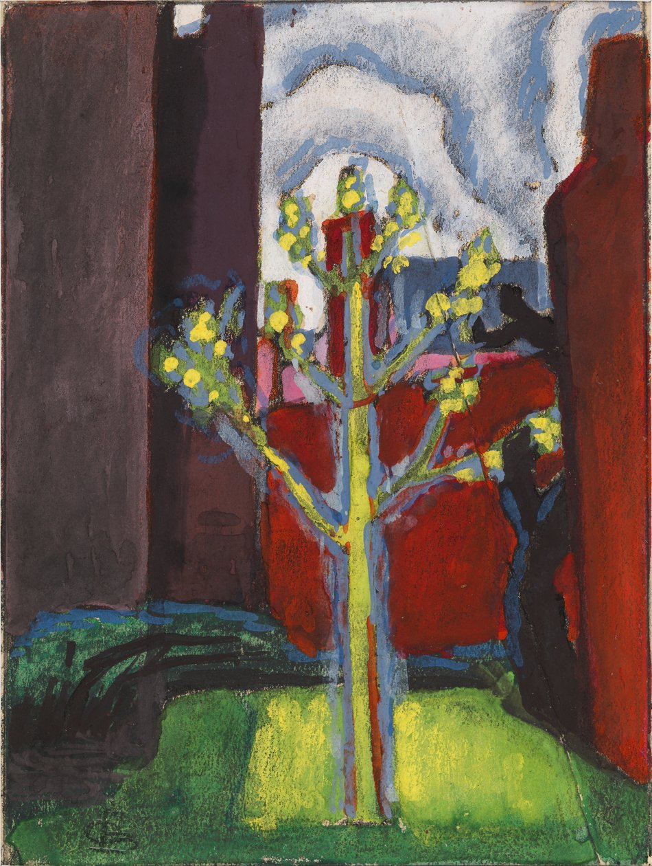 Ungt träd på den röda gården, 1919. av Oscar Bluemner