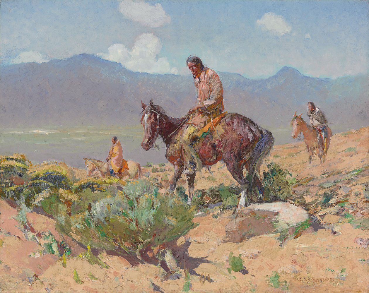 Indians on Horseback (Summer Hunt) (olja på duk) av Oscar Edward Berninghaus