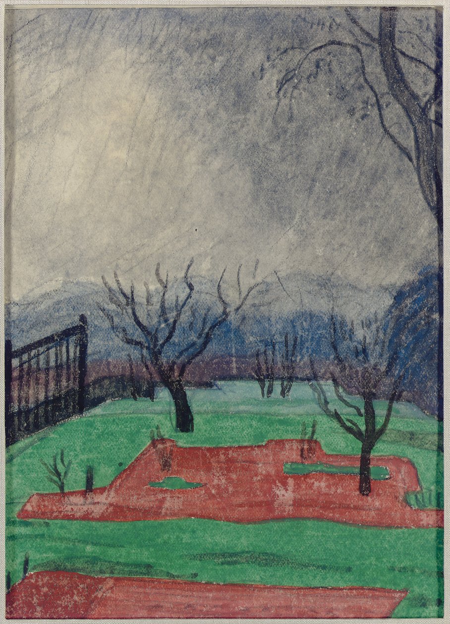 Fält vid solnedgången (w/c & krita på papper) av Oscar Florianus Bluemner