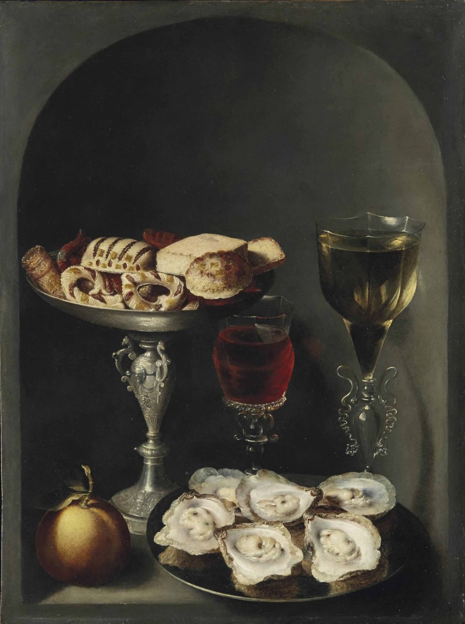 Ostron på en tennfat, sötsaker och kex i en silvertazza, två façon-de-venise vinglas och en apelsin i en nisch av Osias the Elder Beert