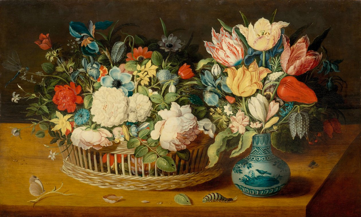Stilleben med blommor i en korg och en bukett i en porslinsvas av Osias the Elder Beert