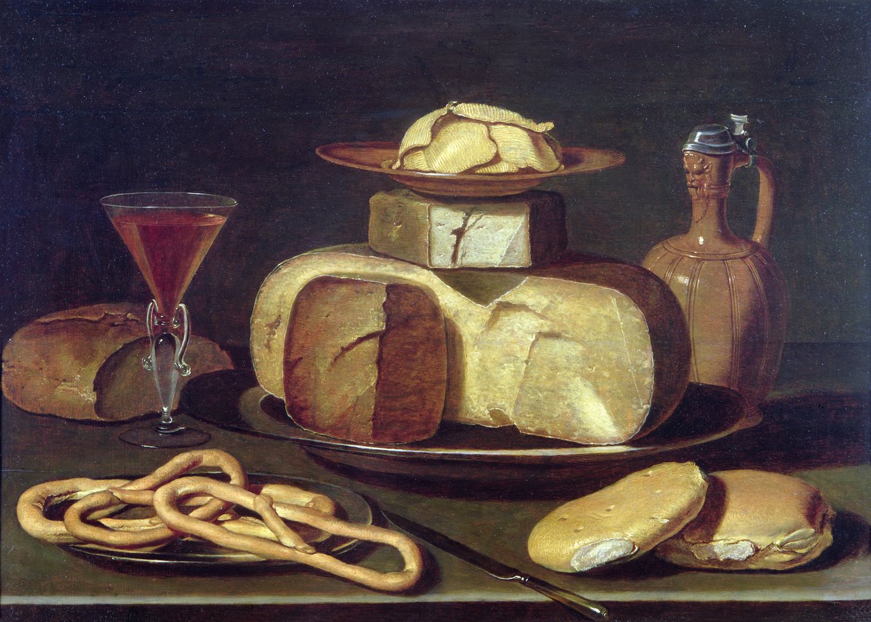 Stilleben med bröd, ost, vin och kringlor av Osias the Elder Beert