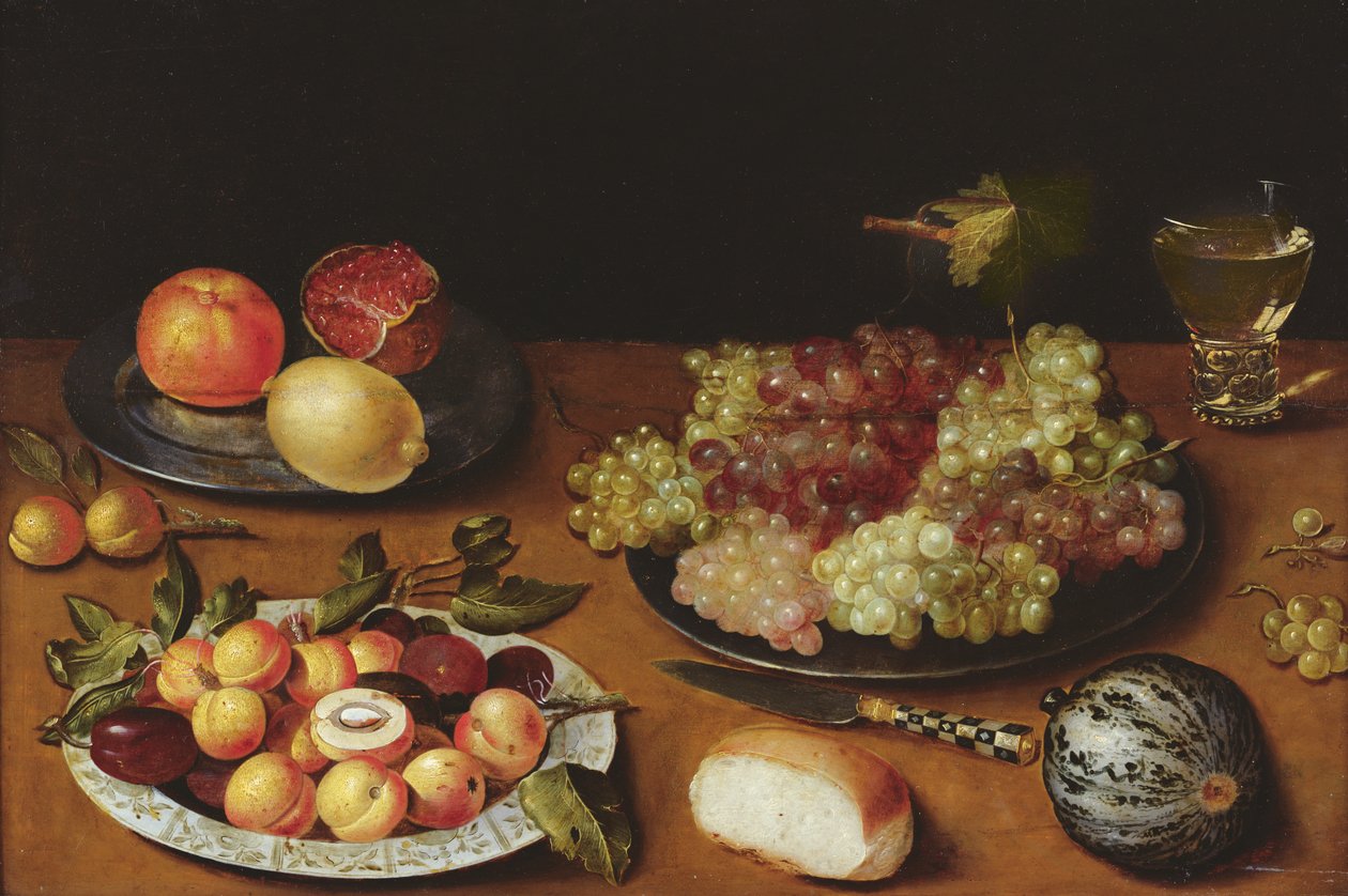 Stilleben med vindruvor, granatäpplen och aprikoser (olja på trä) av Osias the Elder Beert
