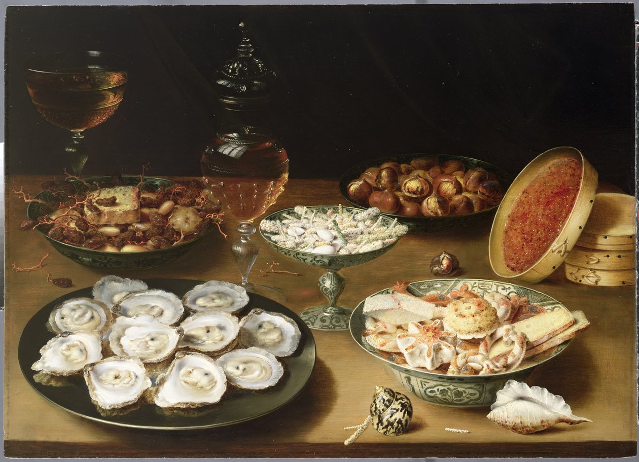 Stilleben med ostron, sötsaker och rostade kastanjer (panel) av Osias the Elder Beert