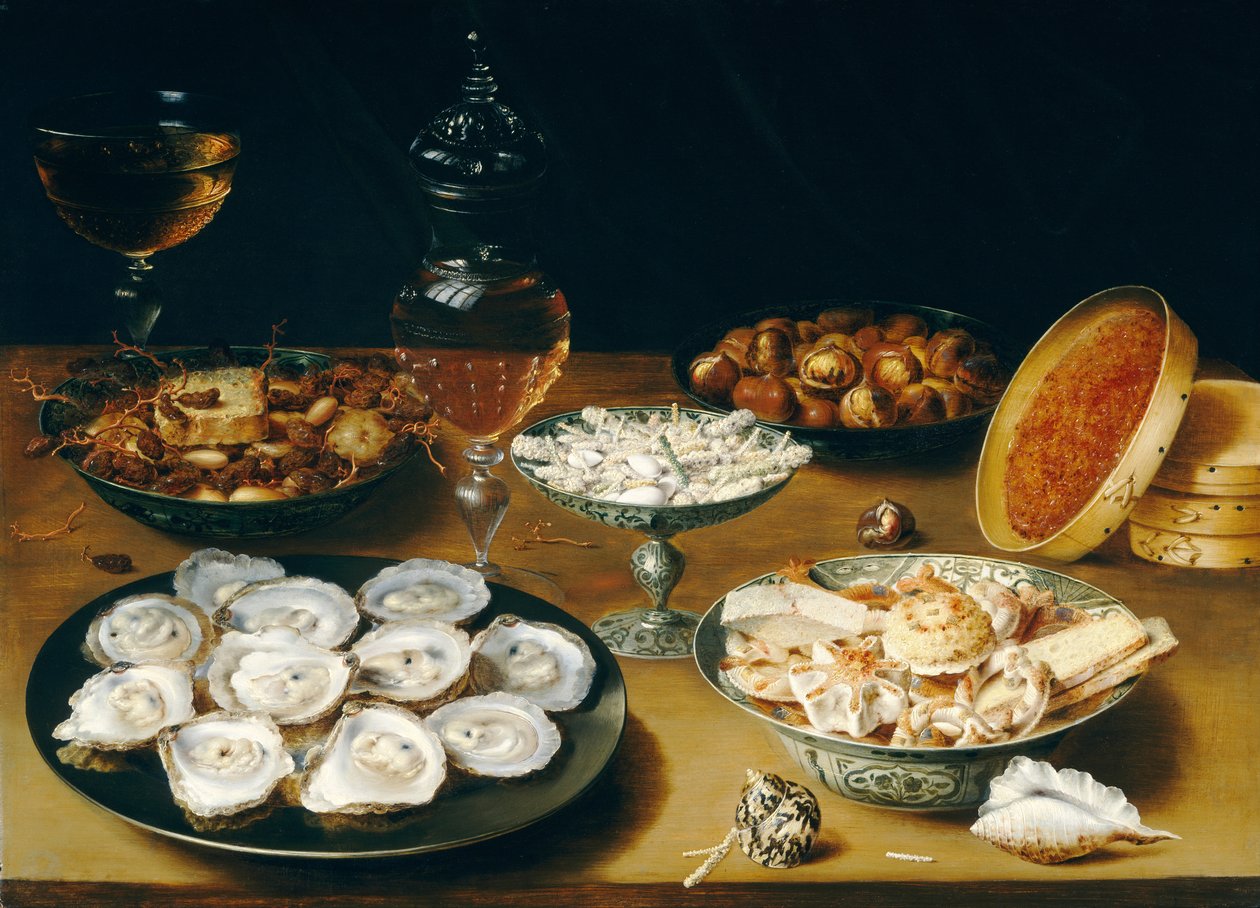 Rätter med ostron, frukt och vin, ca 1620-25 (olja på panel) av Osias the Elder Beert