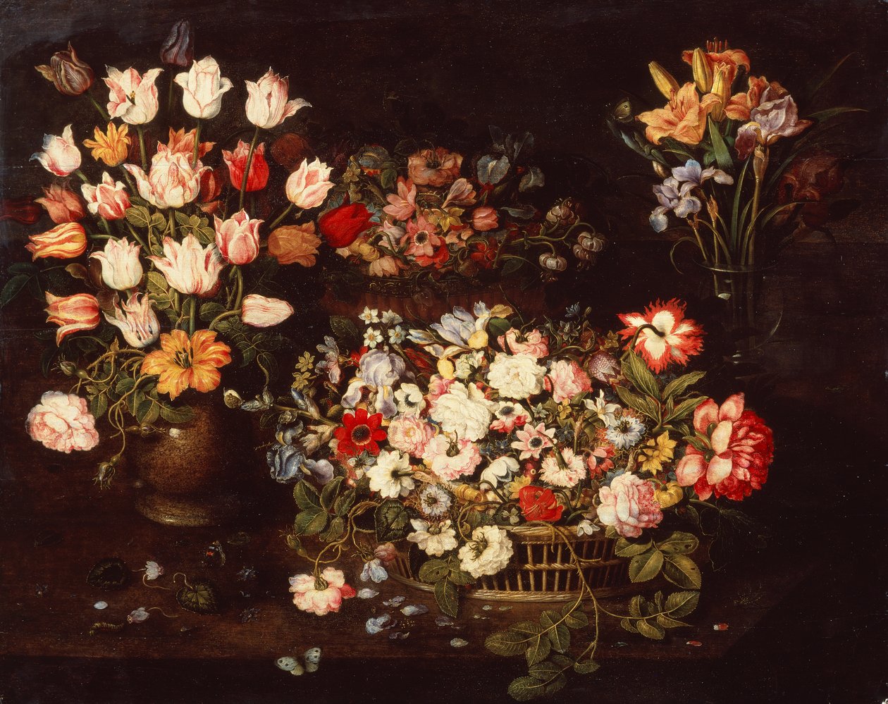 Fyra vaser med ett urval av blommor (olja på panel) av Osias the Elder Beert