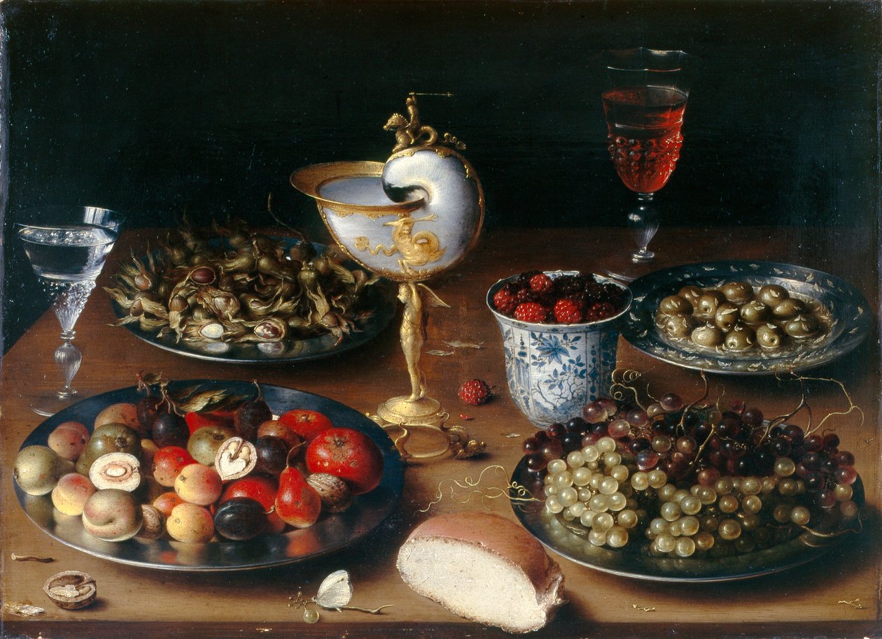 Stilleben med Nautilusbägare, frukt, nötter och vin, ca 1610 (olja på ekpanel) av Osias the Elder Beert
