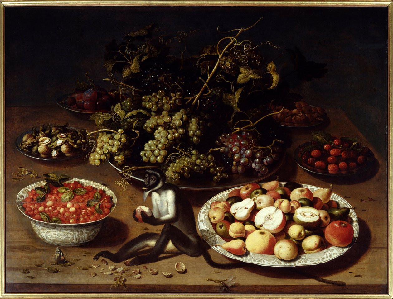 Stilleben av frukt med apa och fjärilar. Målning av Osias I Beert (1570-1624) Ec. Flam. av Osias the Elder Beert