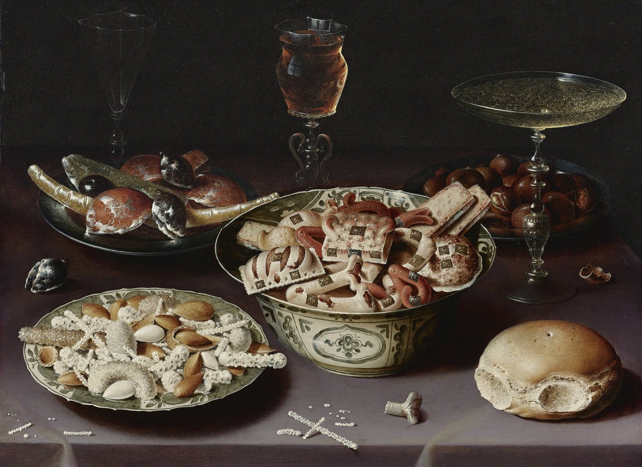 Stilleben med godis, kastanjer och en fralla av Osias the Elder Beert