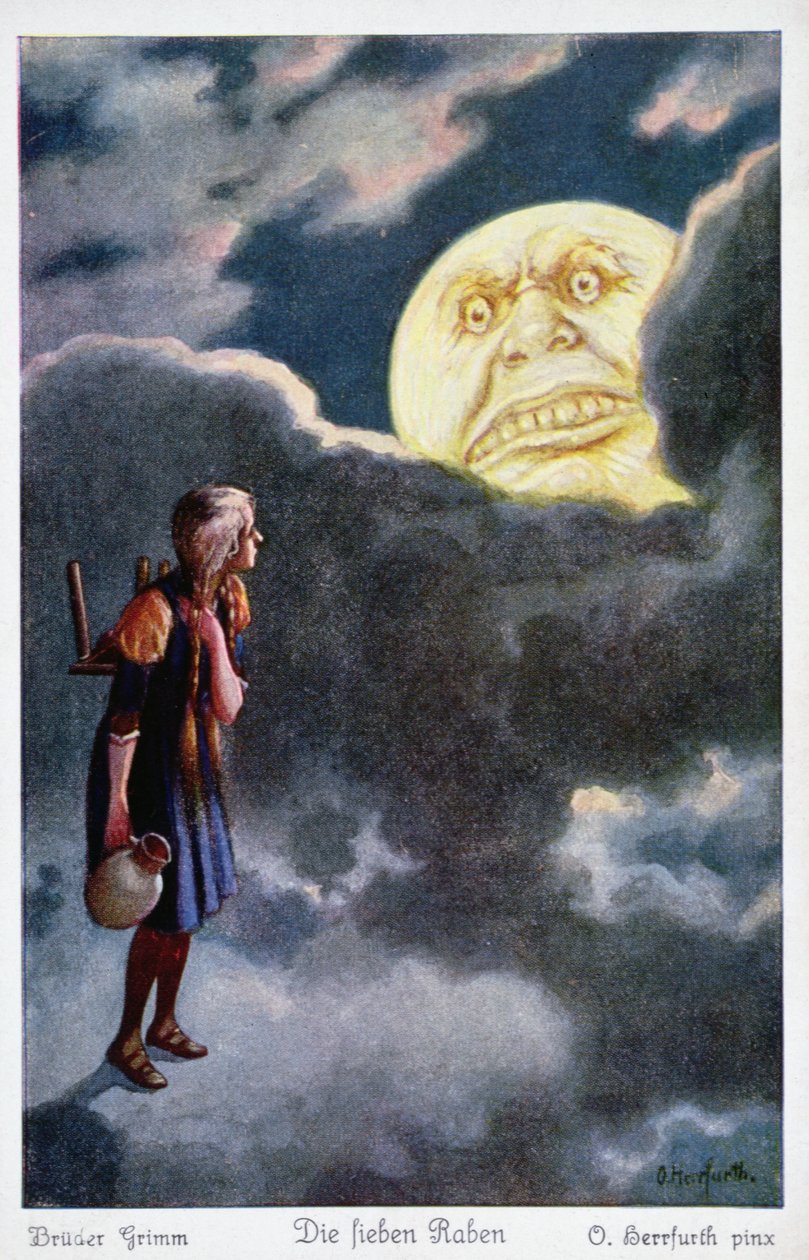 Månen hotar att äta upp den unga flickan som försöker rädda sina bröder, illustration från The Seven Ravens av bröderna Grimm av Oskar Herrfurth