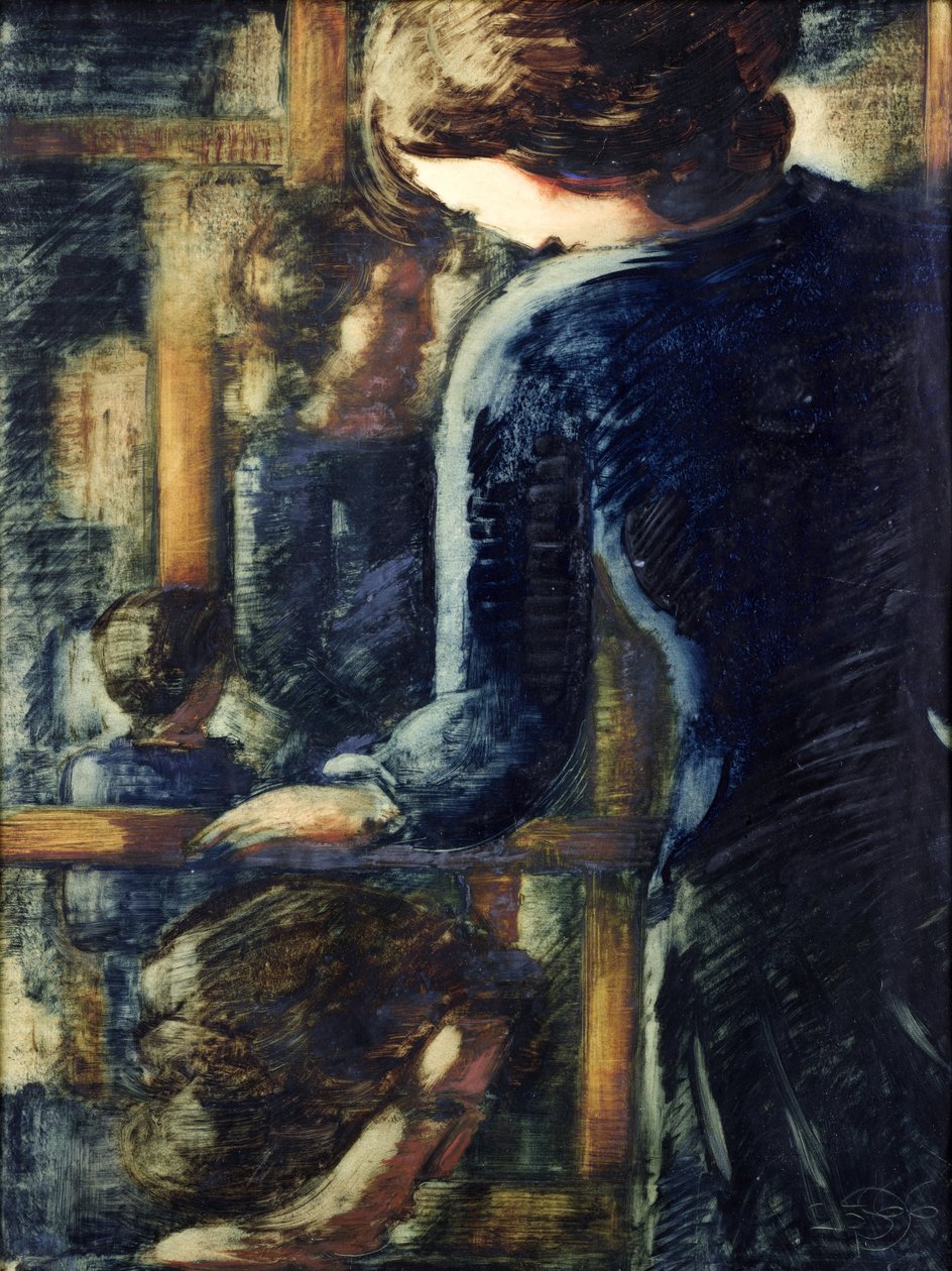 Three Girls (och ett huvud i profil) (olja på papper) av Oskar Schlemmer
