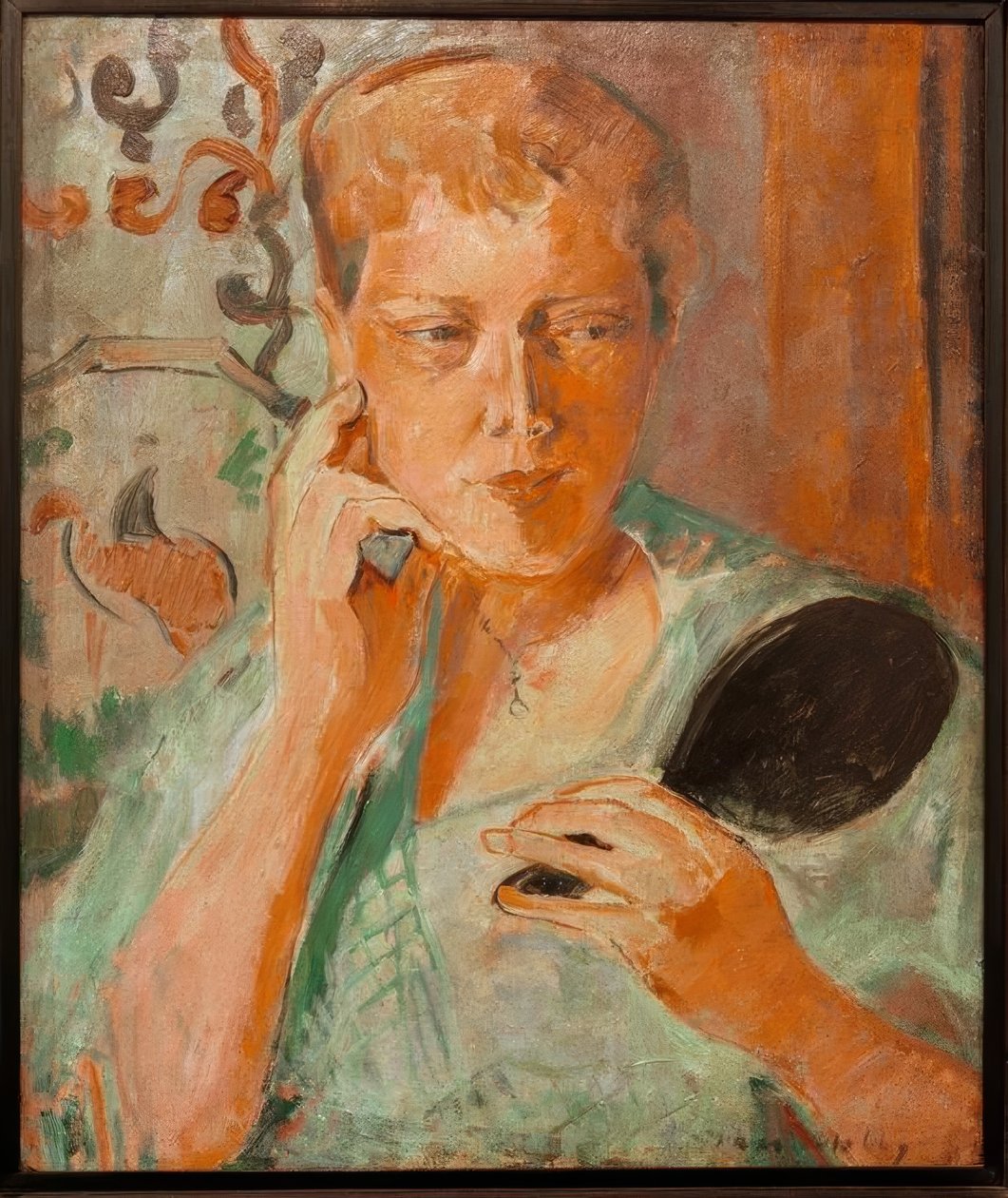 Porträtt av Margarethe med svart handspegel av Oskar Moll
