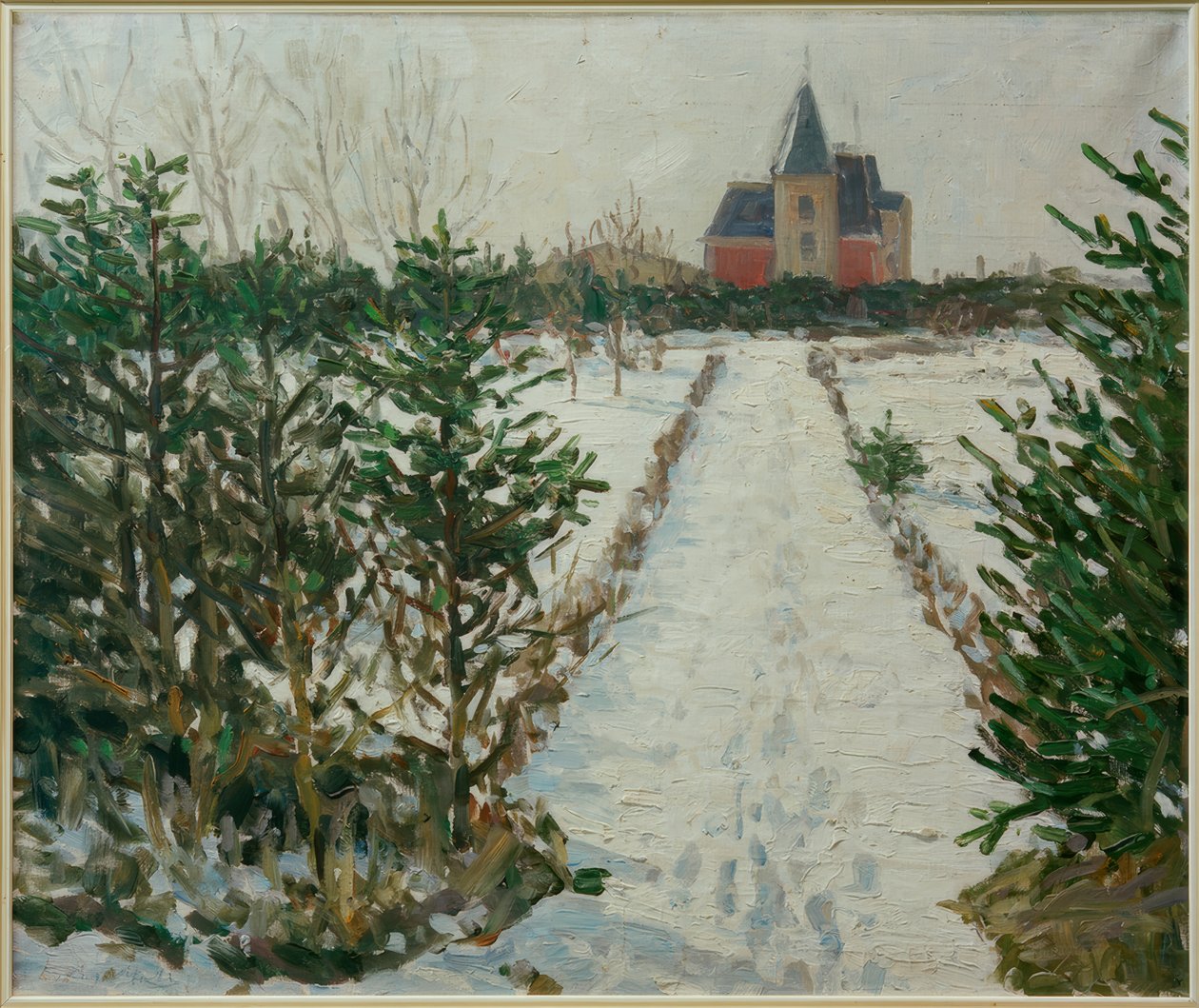 Snölandskap med slott/kyrka av Oskar Moll