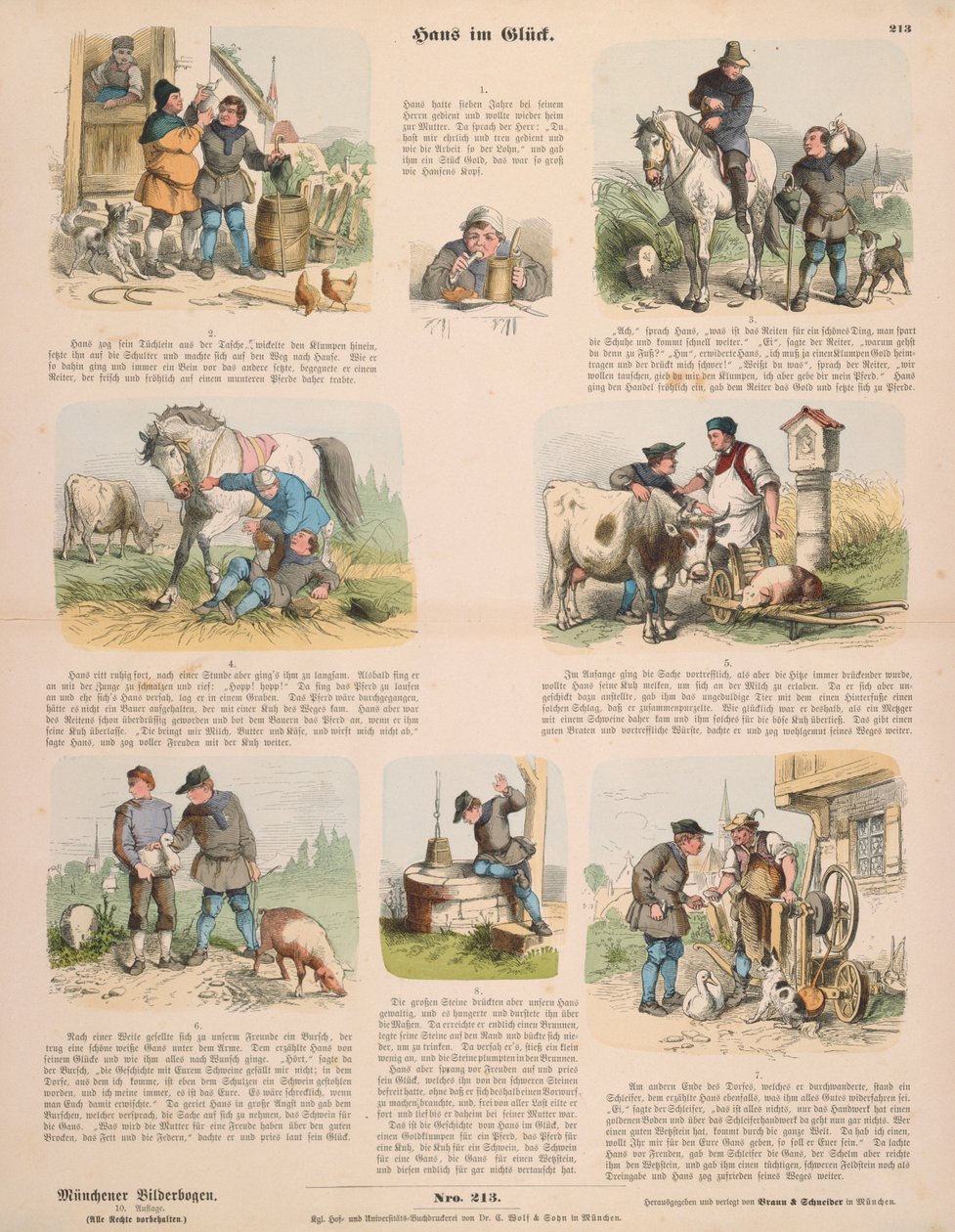 Hans i tur (efter bröderna Grimm) broadsheet utgiven av Gustav Weise, Stuttgart, 1860 av Oskar Pletsch