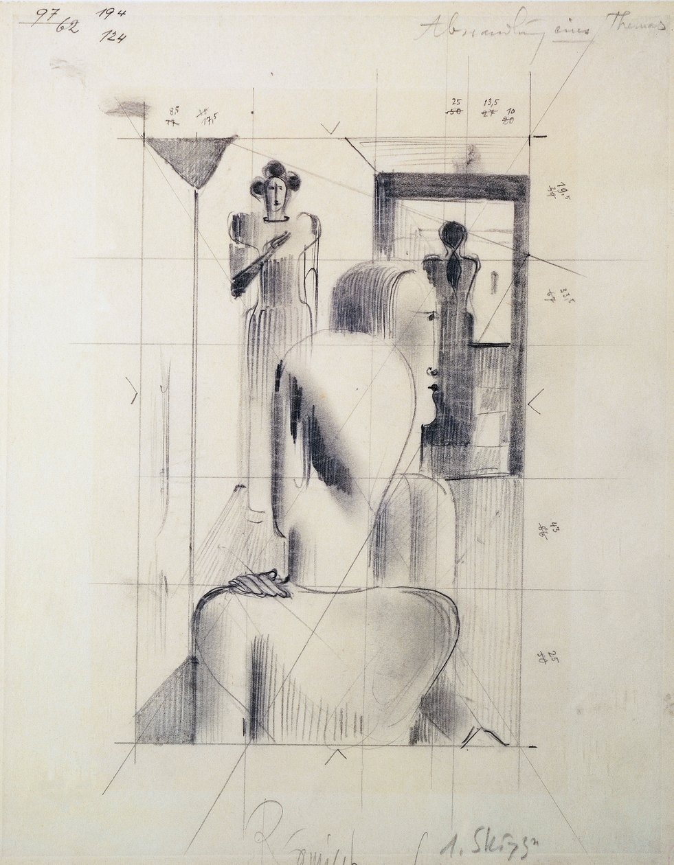 Figurer i ett rum, av Oskar Schlemmer (1888-1943), penna på papper. Tyskland, 1900-talet. av Oskar Schlemmer