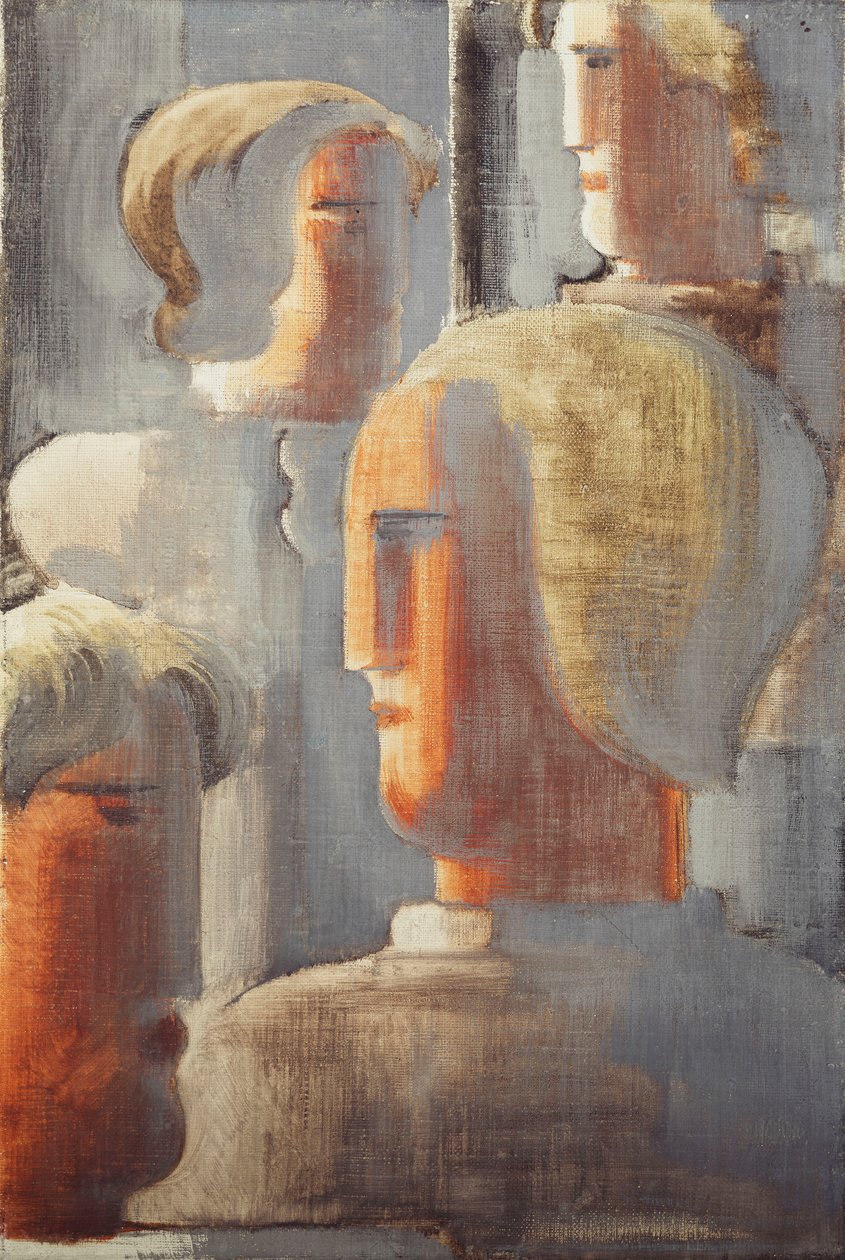 Grupp med fyra huvuden gråblå, Folkwang-studie III; Fyra grupp av huvuden gråblå, Folkwang Studie III av Oskar Schlemmer
