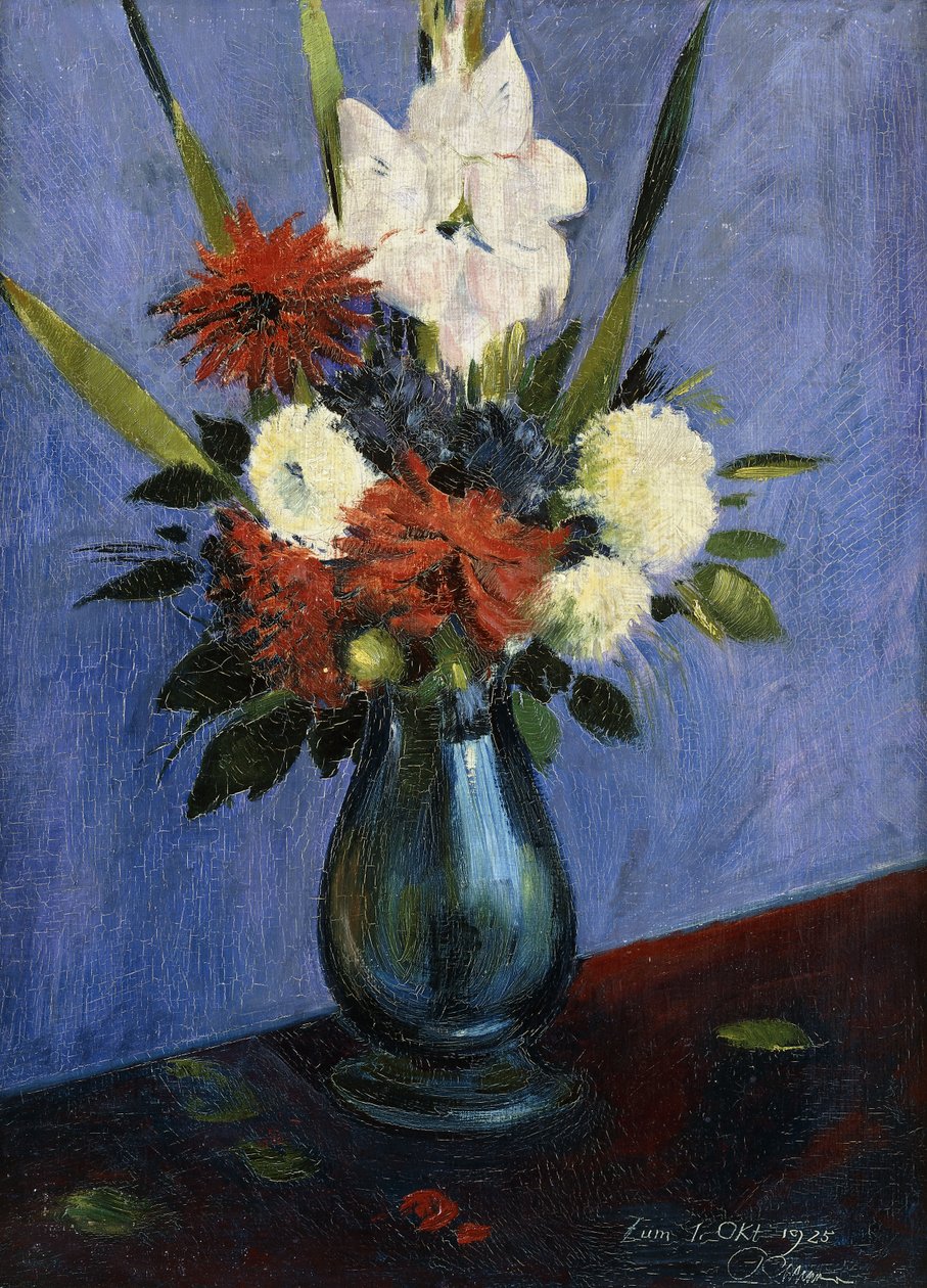 Vas med blommor med Gladiola och Dahlior; Blomvas med gladioler och dahlior av Oskar Schlemmer